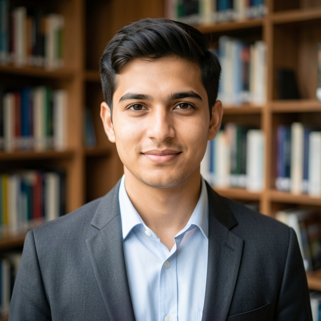 Editorial portrait of Samuel Bridewell, research reviewer, bookshelf in background