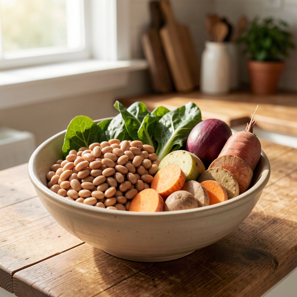 Bowl of seasonal whole foods — legumes, leafy greens and root vegetables — arranged on a wooden kitchen surface in natural morning light